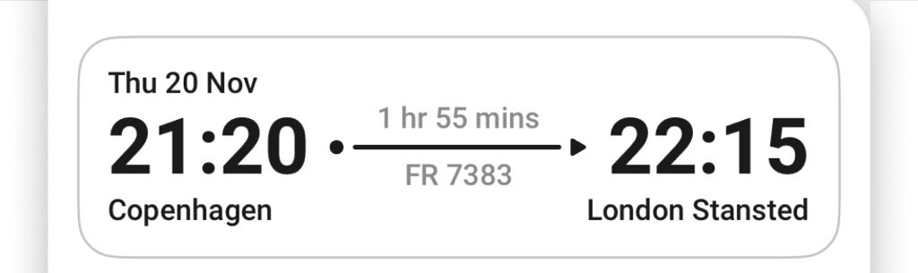 Flight booking interface showing Copenhagen to London flight