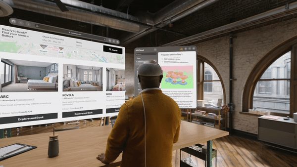 VR/AR interface showing immersive spatial computing with floating property listings in a modern office environment